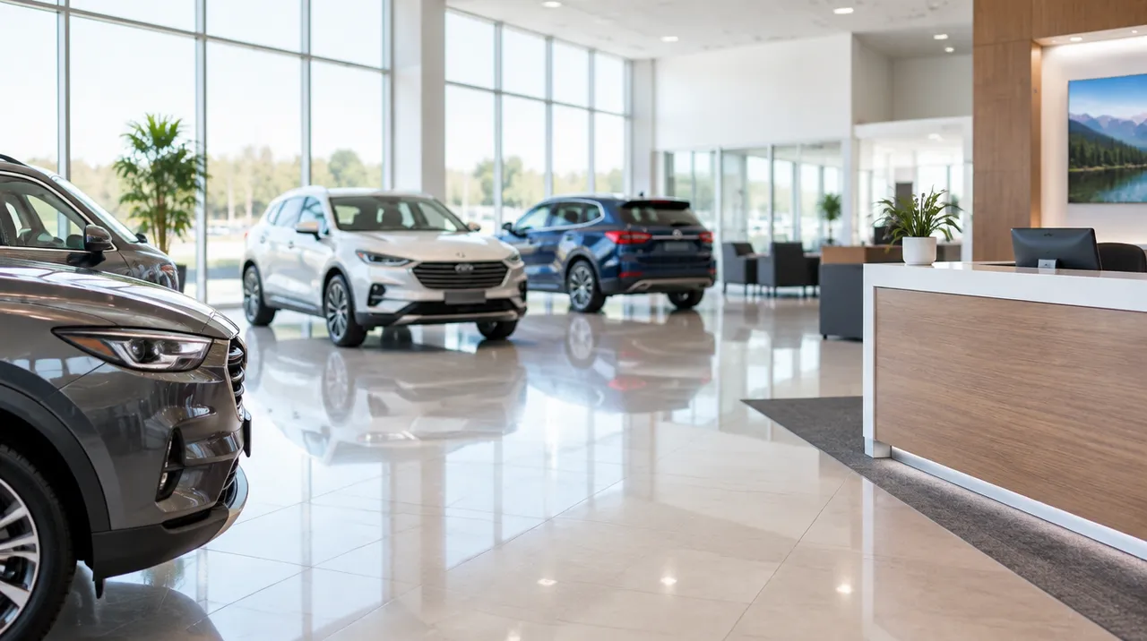 Car dealership showroom with a service desk and cars on polished floors