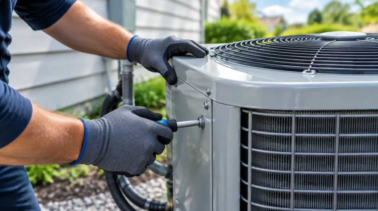 Technician's gloved hands servicing an outdoor air conditioning unit