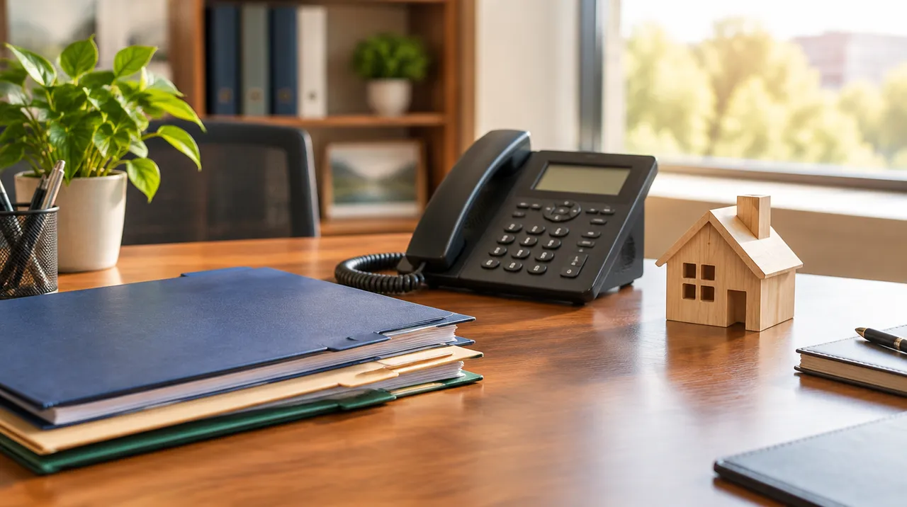 Insurance agency desk with a telephone, document folders and a small house model