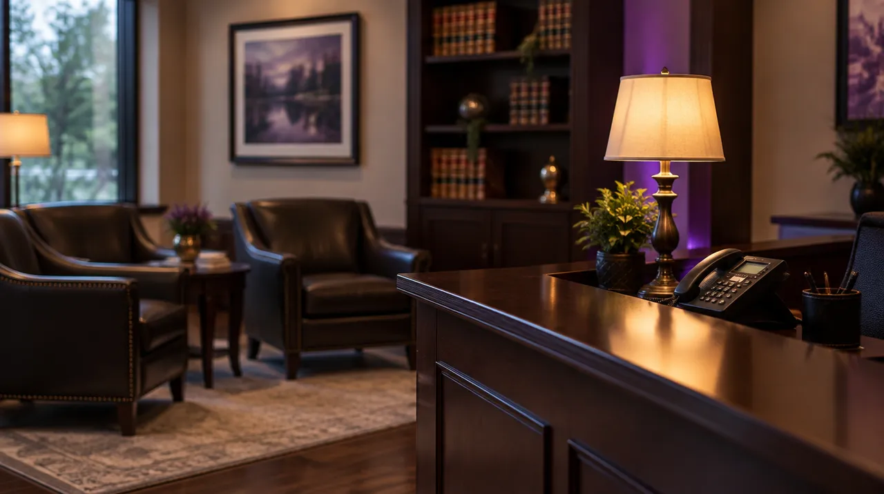 Quiet law office reception with leather chairs and a desk phone
