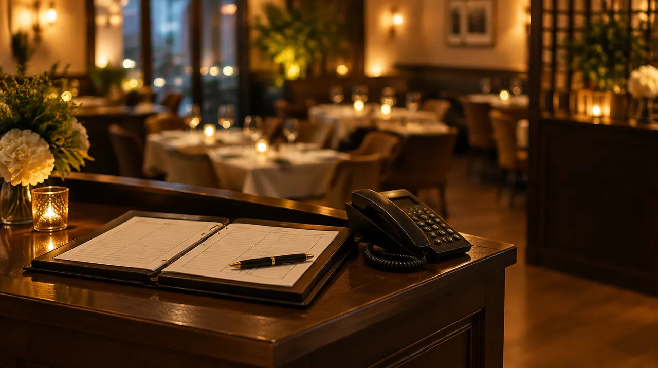 Restaurant host stand with a reservation book and a telephone, dining room behind