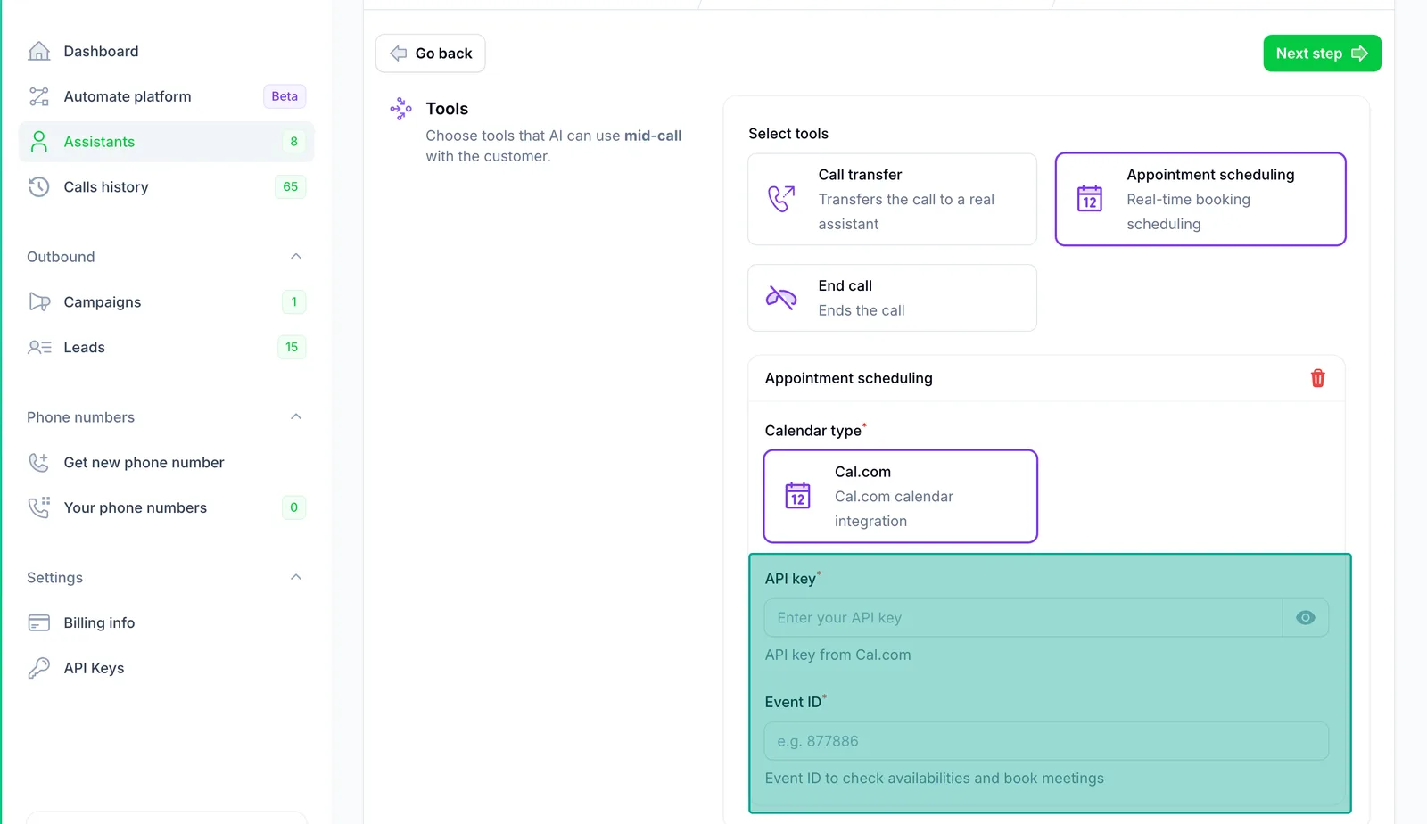 Choosing the tools an assistant can use during a call in the Flowgenza dashboard: call transfer, end call, appointment scheduling and a Cal.com calendar integration.