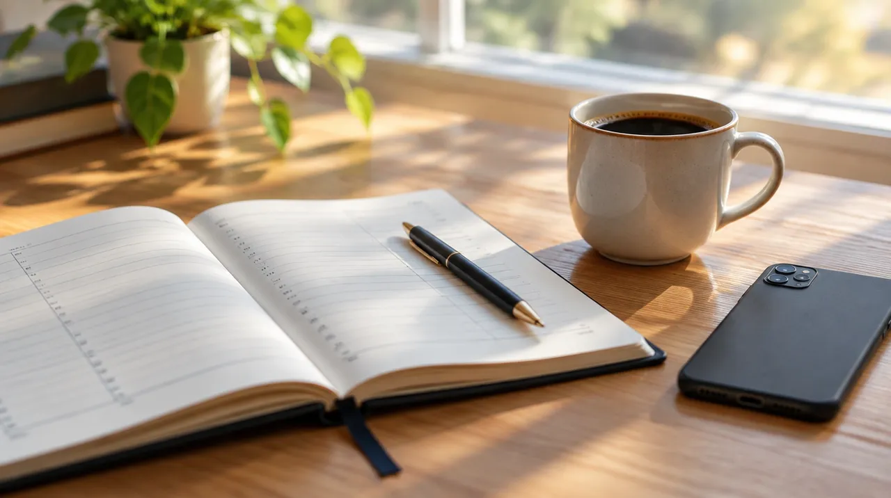 Open appointment planner with a pen, a coffee cup and a smartphone on a desk