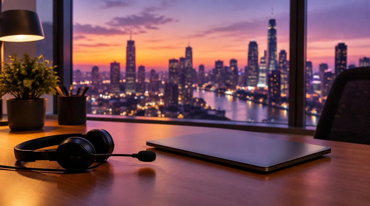 Headset and laptop on a sales desk in front of a city skyline at dusk
