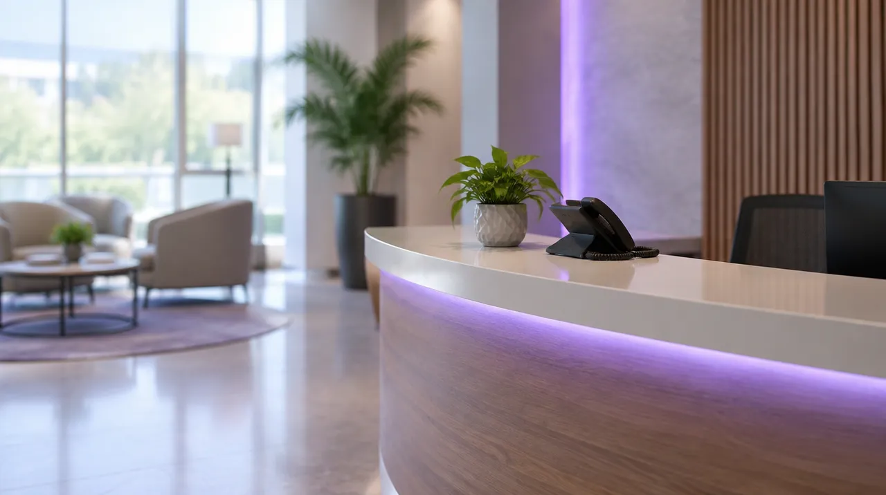 Office lobby reception desk with a telephone and a small plant